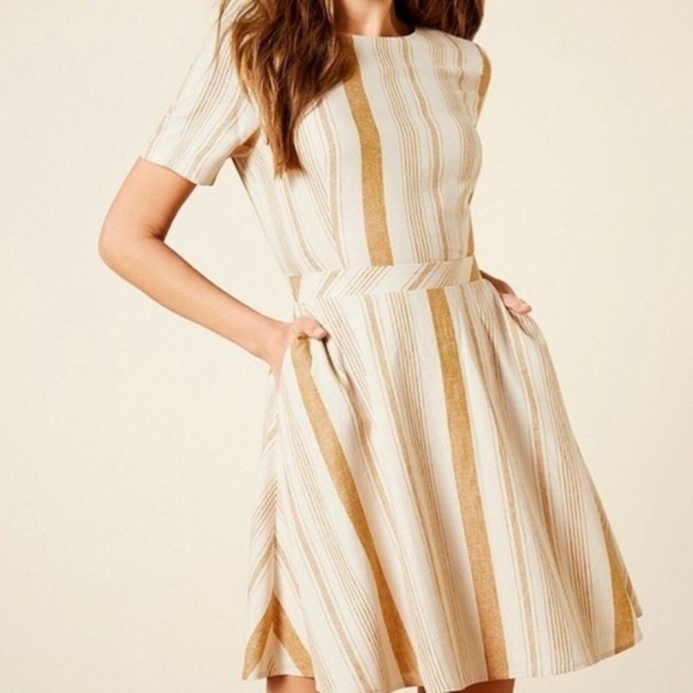 A Loves A Linen Blend Striped Dress Large Ivory Tan Short Sleeve Neutral Earthy